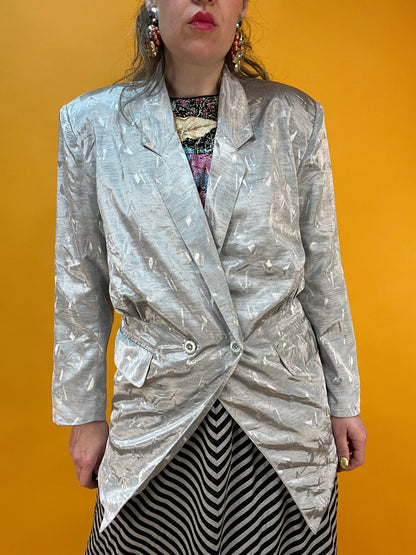 Silbern-schimmernder 80s Blazer mit glänzendem Webmuster