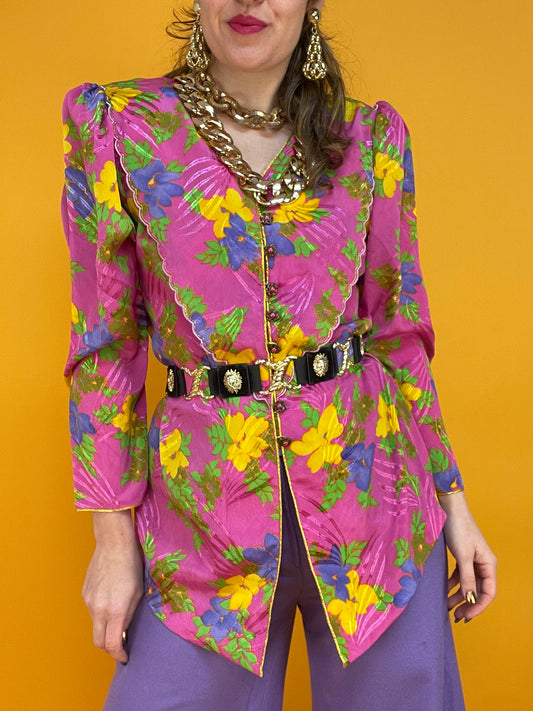 Farbenfrohe 70s Bluse mit Neon Blumenprint