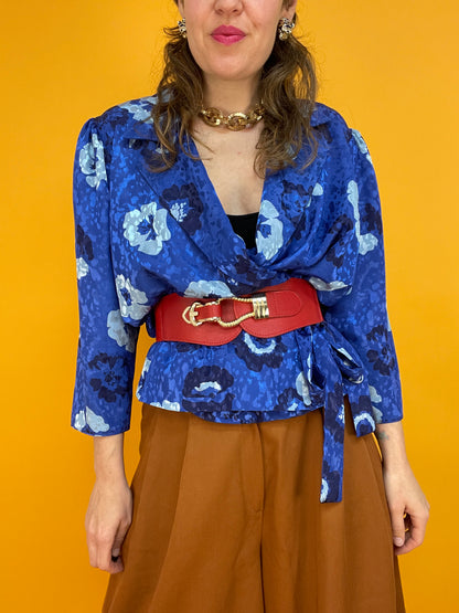 Königsblaue 80s Schößchenbluse zum Wickeln