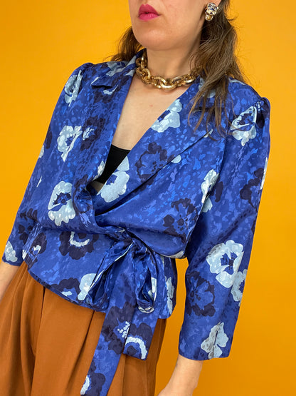 Königsblaue 80s Schößchenbluse zum Wickeln