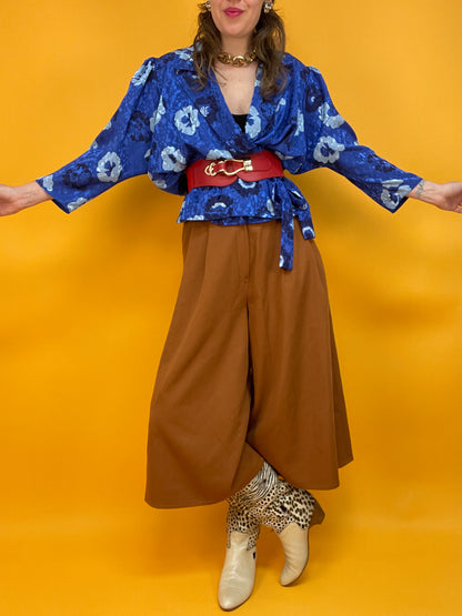 Königsblaue 80s Schößchenbluse zum Wickeln