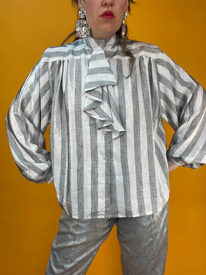 80s Streifenbluse mit Rüsche am Hals