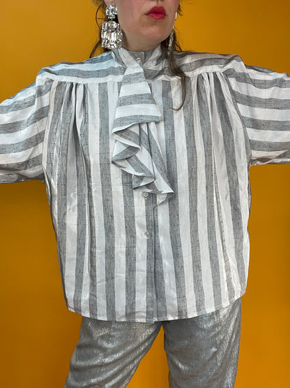 80s Streifenbluse mit Rüsche am Hals