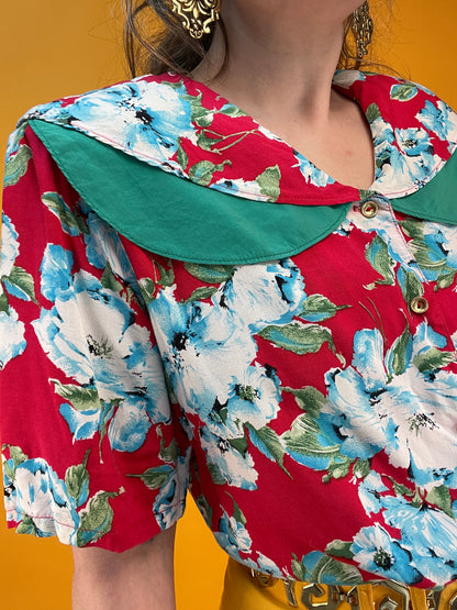 80s/90s Blusenshirt mit Peter Pan Collar und fettem Blumenprint