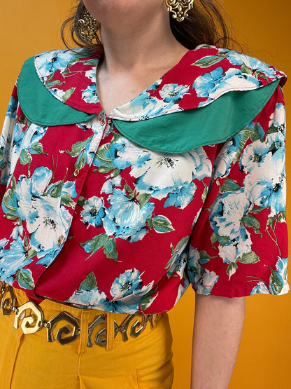 80s/90s Blusenshirt mit Peter Pan Collar und fettem Blumenprint