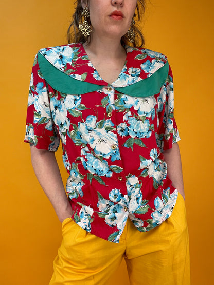 80s/90s Blusenshirt mit Peter Pan Collar und fettem Blumenprint