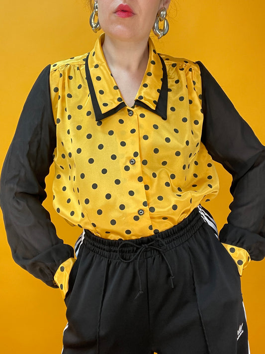 70s/80s Bluse mit doppeltem Kragen und Punktemuster