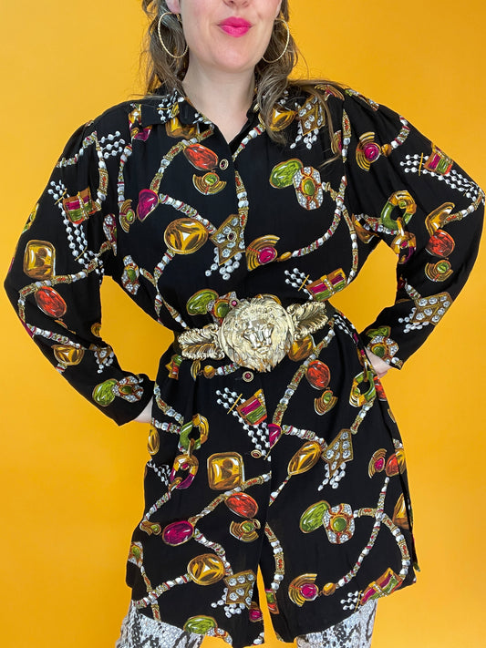 Lässige 80s/90s Longbluse mit dekadentem Juwelenprint