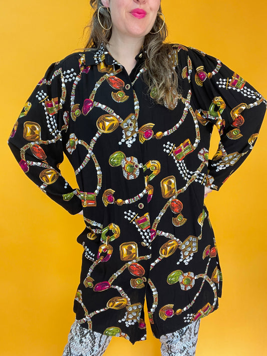 Lässige 80s/90s Longbluse mit dekadentem Juwelenprint
