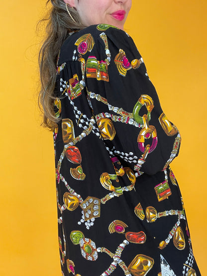 Lässige 80s/90s Longbluse mit dekadentem Juwelenprint