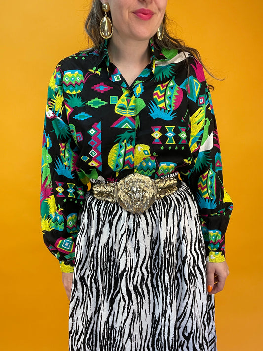 Funky 90s Bluse mit verrücktem Neonprint
