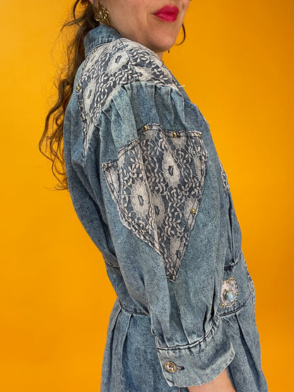 80s Denim Shirtjäckchen mit Spitze und Nieten