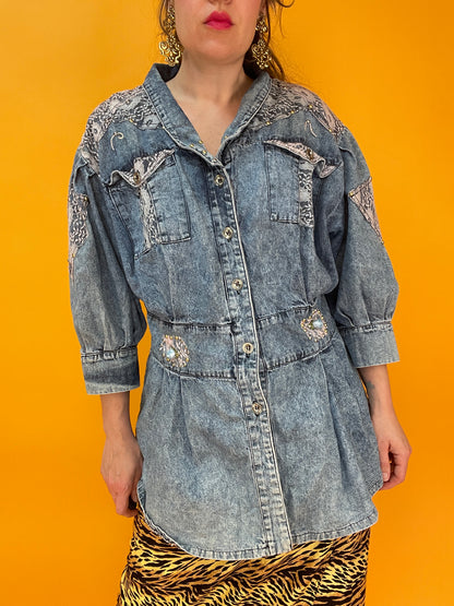 80s Denim Shirtjäckchen mit Spitze und Nieten