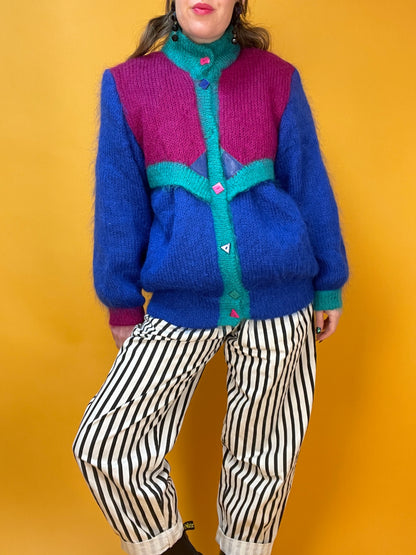 Supercooler 80s Colorblock Cardigan-Jacke aus Mohair