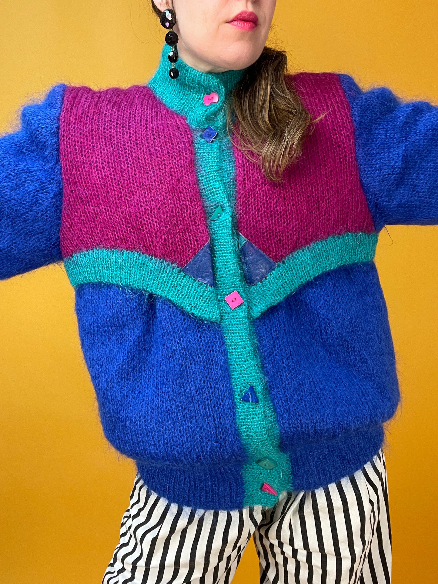 Supercooler 80s Colorblock Cardigan-Jacke aus Mohair