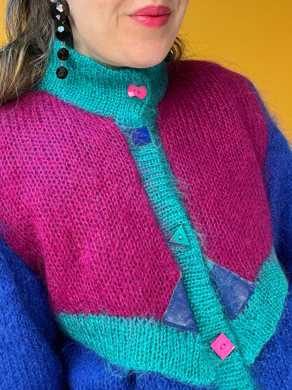 Supercooler 80s Colorblock Cardigan-Jacke aus Mohair