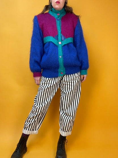 Supercooler 80s Colorblock Cardigan-Jacke aus Mohair