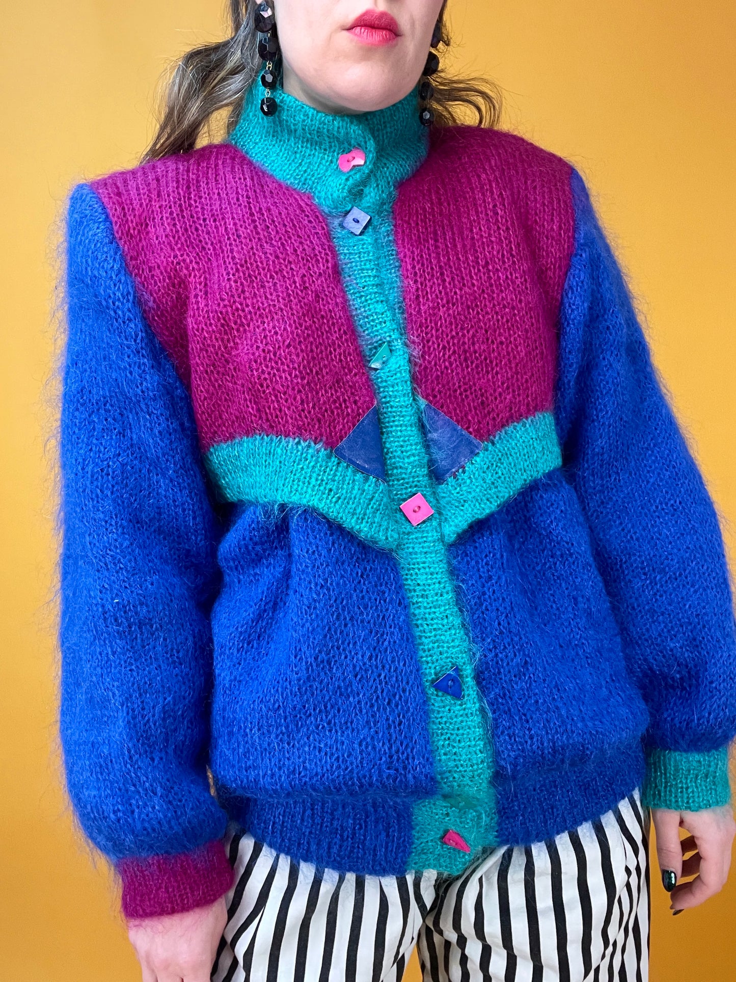 Supercooler 80s Colorblock Cardigan-Jacke aus Mohair