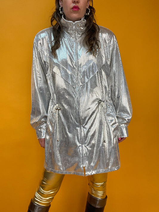 80s/90s Übergangsjacke in ultrastark glänzendem silbernem Discokugel-Print