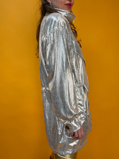 80s/90s Übergangsjacke in ultrastark glänzendem silbernem Discokugel-Print