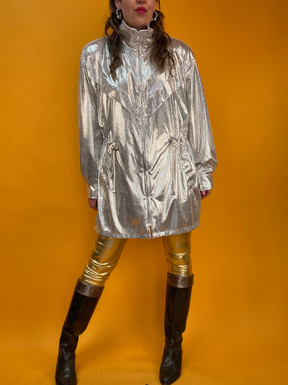 80s/90s Übergangsjacke in ultrastark glänzendem silbernem Discokugel-Print