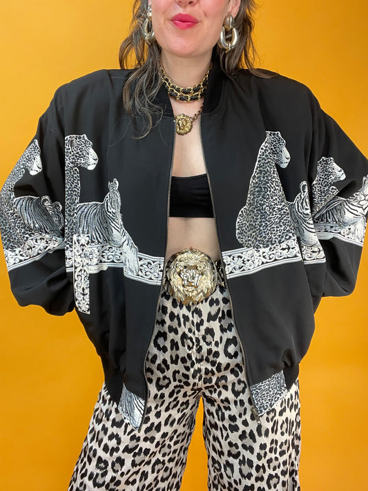 Dünner 80s Sommerblouson mit großen Tigern und Leoparden