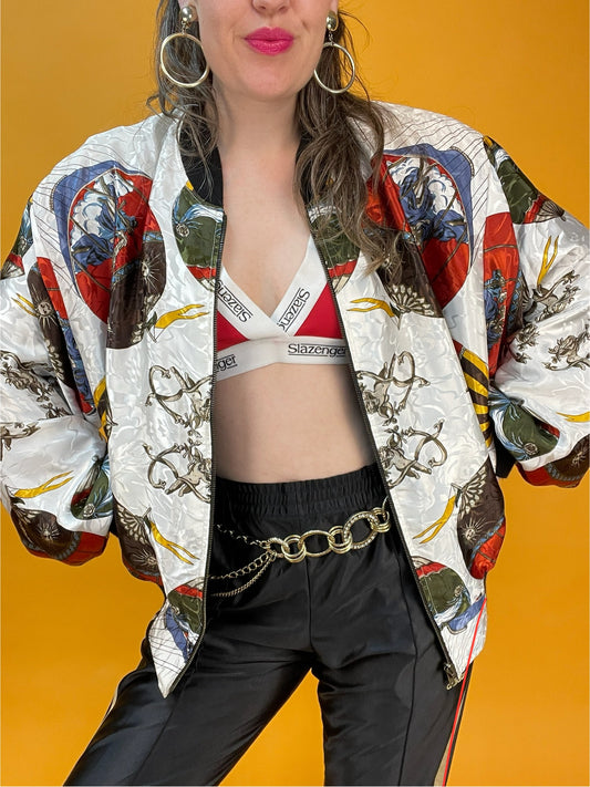 Famos glänzende 80s/90s Blousonjacke mit supercoolem Ballonprint