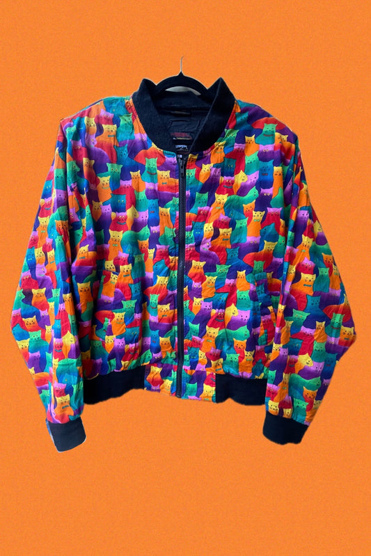 Bunte Blousonjacke mit Regenbogen-Katzenprint