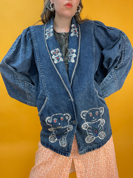 80s Denimjacke mit verrückter Bärchen-Bestickung aus Pailletten