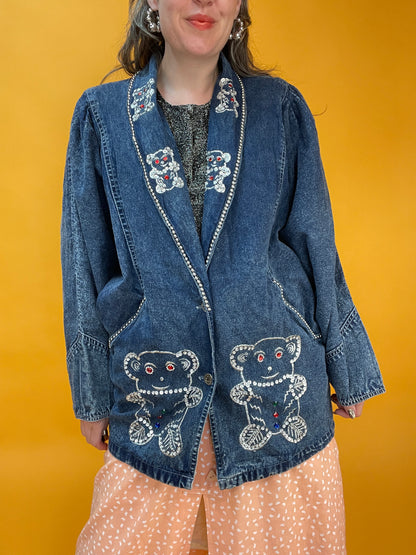 80s Denimjacke mit verrückter Bärchen-Bestickung aus Pailletten