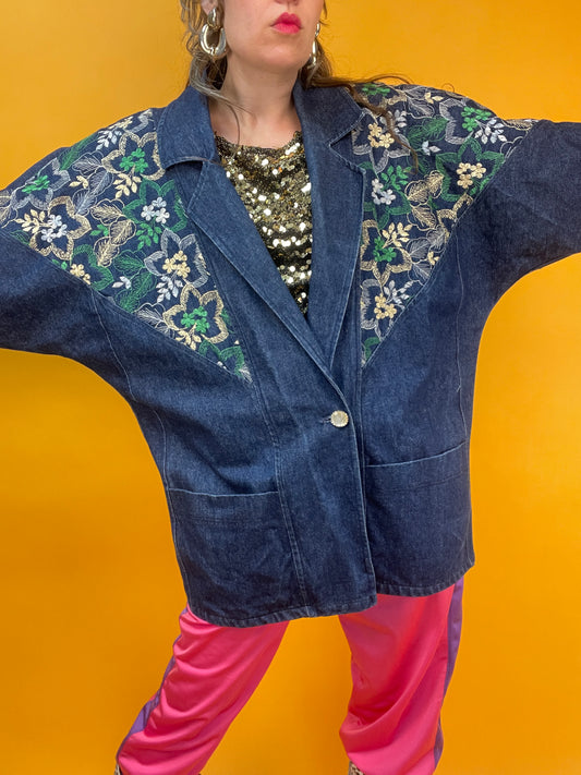 Dünne 80s Jeansjacke mit goldglänzender Blumenbestickung
