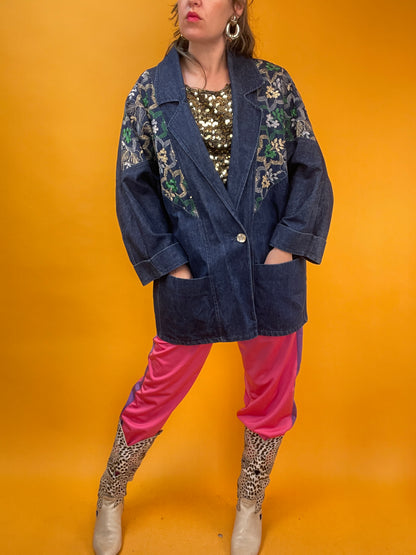 Dünne 80s Jeansjacke mit goldglänzender Blumenbestickung