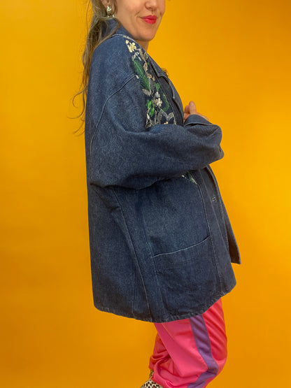 Dünne 80s Jeansjacke mit goldglänzender Blumenbestickung