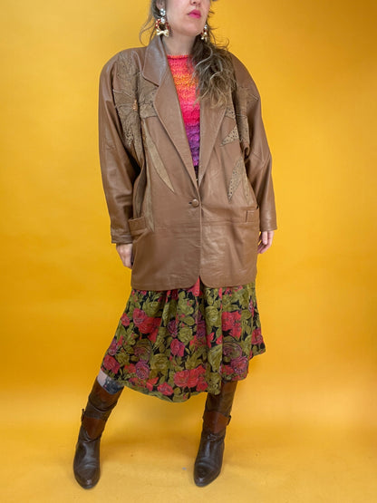Cognacbraune 80s Lederjacke mit fetten Applikationen