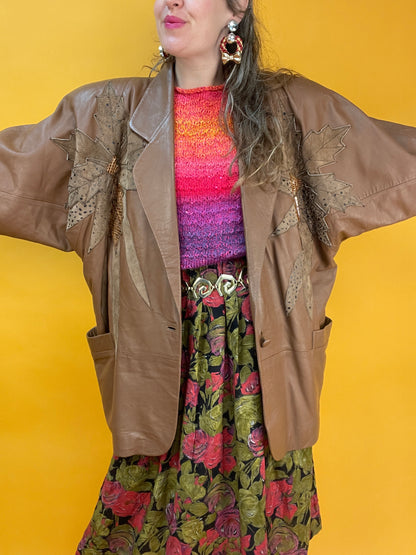 Cognacbraune 80s Lederjacke mit fetten Applikationen