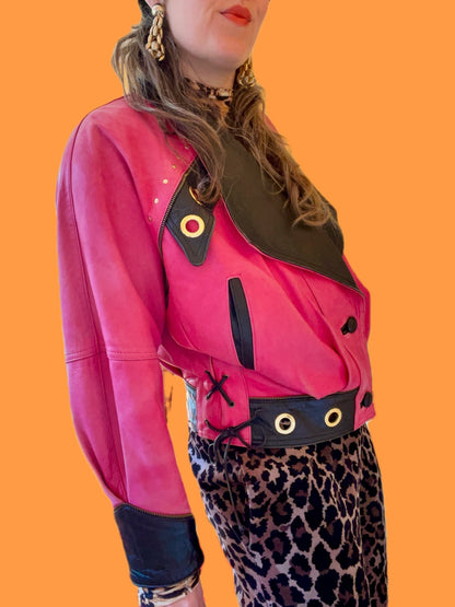 Pinke 80s/90s Lederjacke mit edgy Details