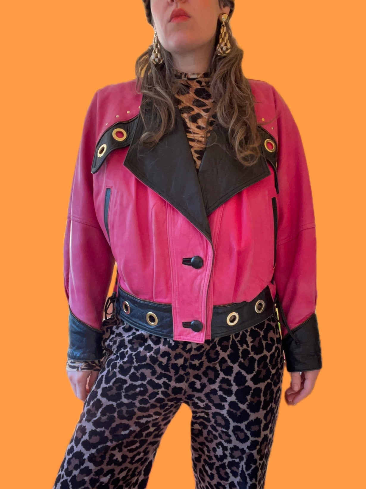 Pinke 80s/90s Lederjacke mit edgy Details