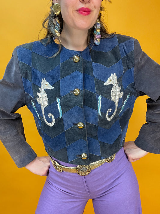 80s/90s Patchwork Lederjacke mit silbernen Seepferdchen