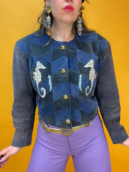 80s/90s Patchwork Lederjacke mit silbernen Seepferdchen