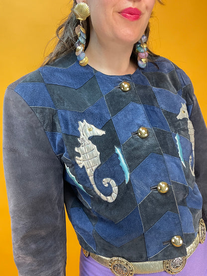 80s/90s Patchwork Lederjacke mit silbernen Seepferdchen