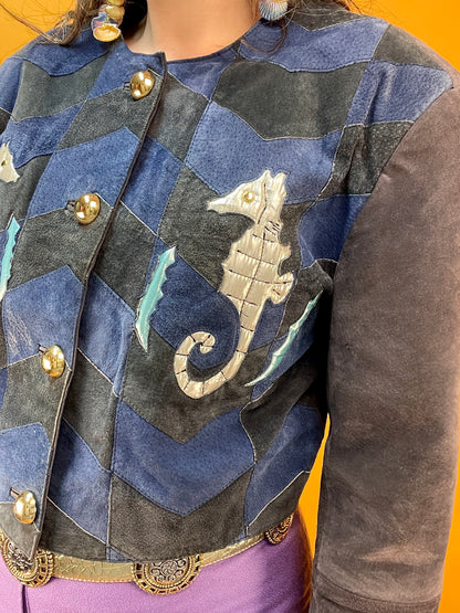 80s/90s Patchwork Lederjacke mit silbernen Seepferdchen