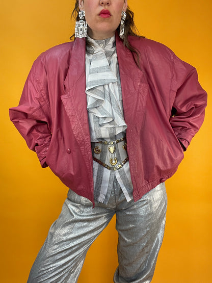 Lässige altrosa Lederbomberjacke aus den 80s
