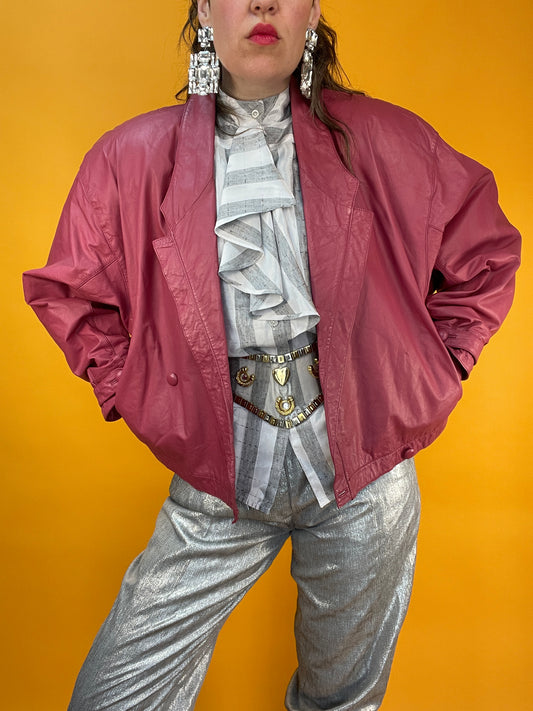 Lässige altrosa Lederbomberjacke aus den 80s