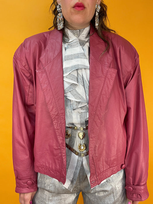 Lässige altrosa Lederbomberjacke aus den 80s