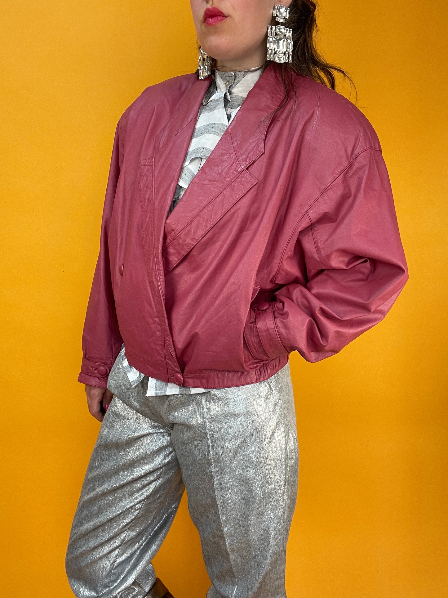 Lässige altrosa Lederbomberjacke aus den 80s
