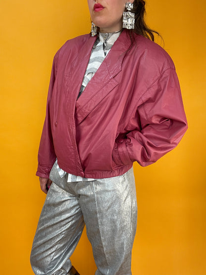 Lässige altrosa Lederbomberjacke aus den 80s