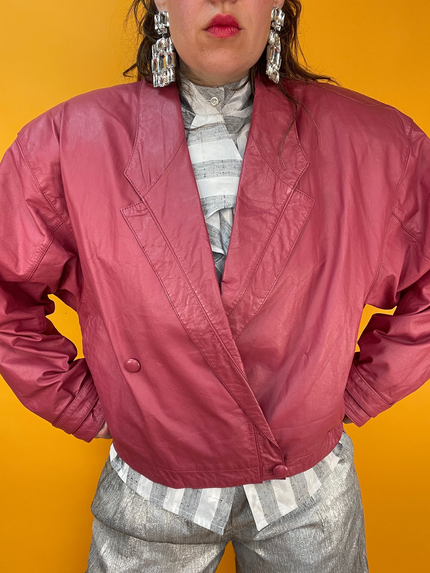 Lässige altrosa Lederbomberjacke aus den 80s