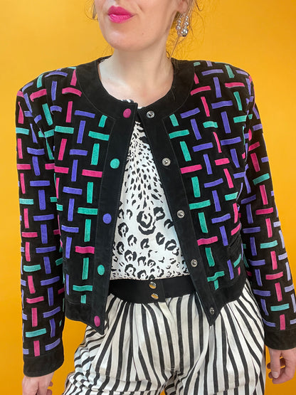 80s/90s Velourslederjacke mit gewebtem 3D Regenbogen-Streifen-Look