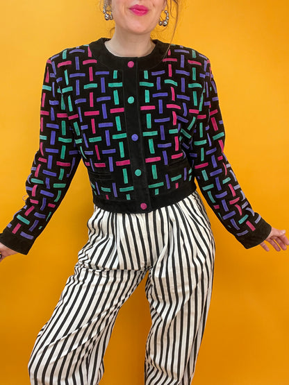 80s/90s Velourslederjacke mit gewebtem 3D Regenbogen-Streifen-Look