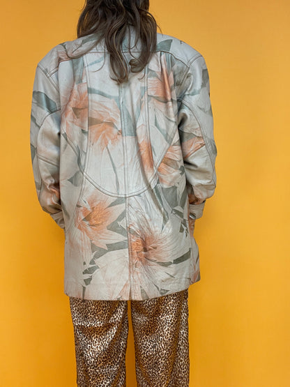 Sandfarbene 80s Lederjacke mit schimmerndem Metallicprint